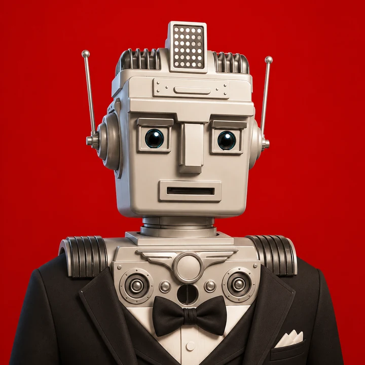 Val — a chrome retro-futurist robot in black tie against a deep red ground
