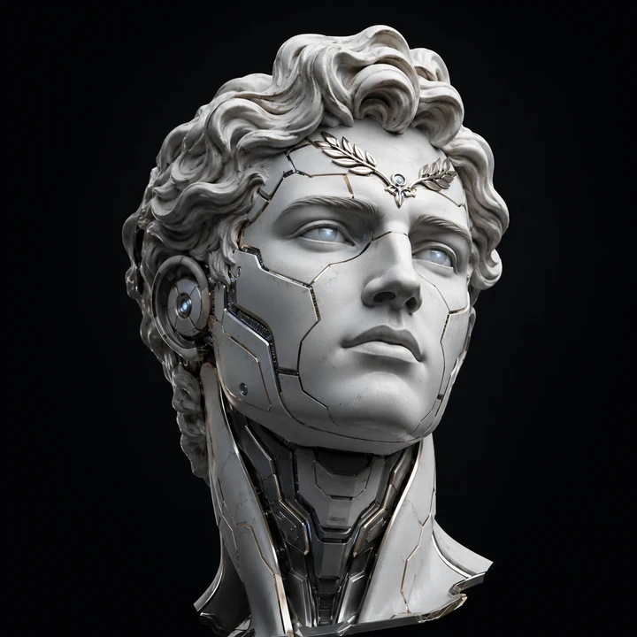 Zander-01 — a marble classical bust fused with machined chrome, laurel at the brow